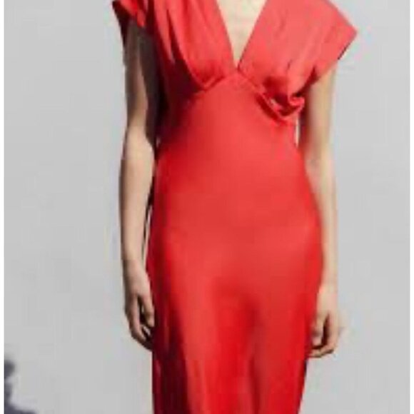 Zara Womens Bloggers Favorite Classic V-neckline Satin Dress Red Size XL - Picture 13 of 14
